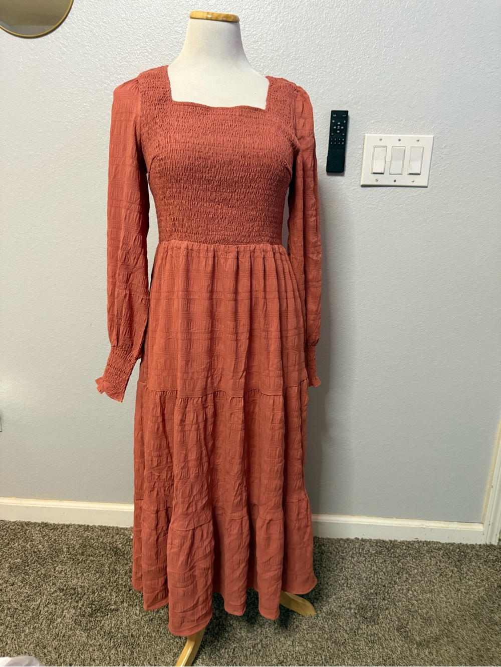496-Rust Tiered Maxi Dress with Smocked Bodice